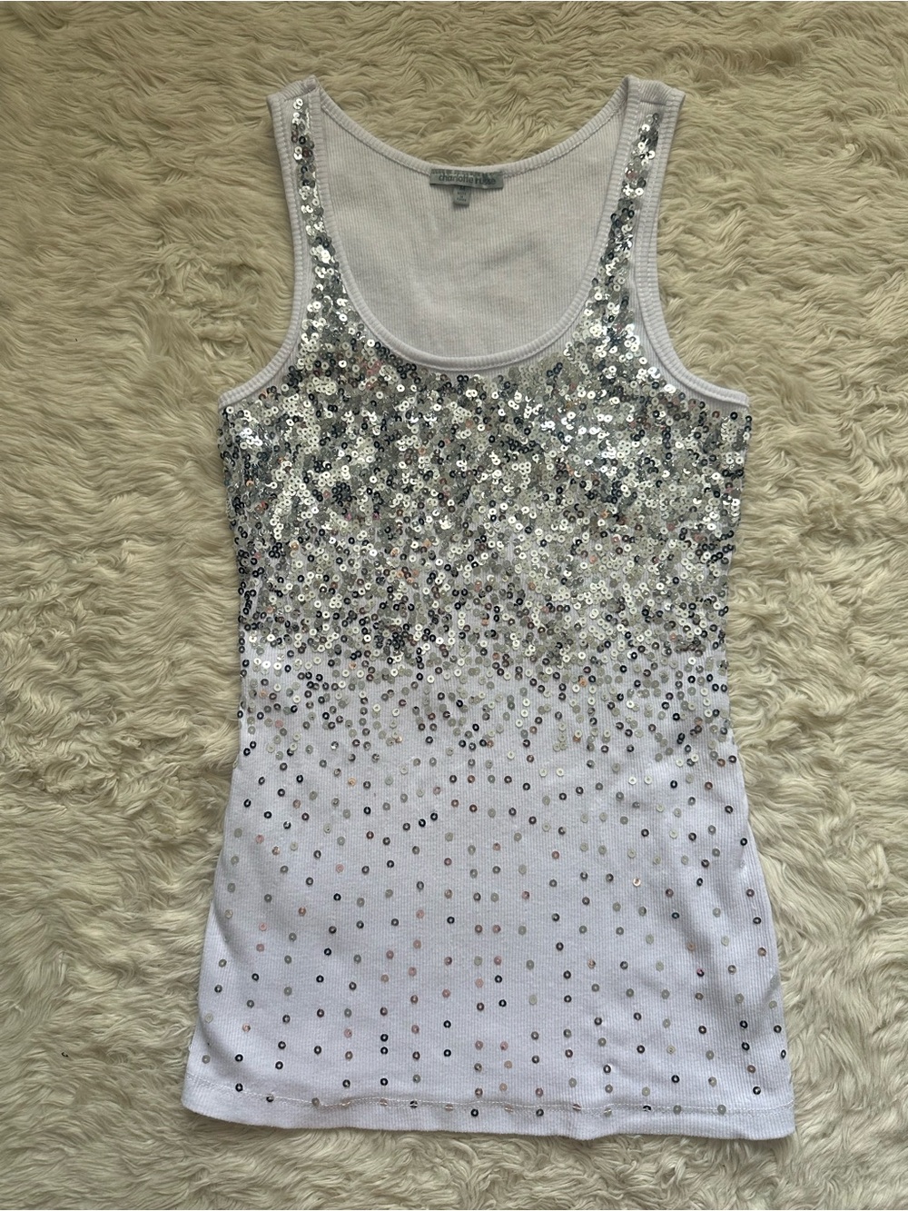Vintage Charlotte Russe Sequin Tank Top Y2K Glam Glamour White Silver Sz M